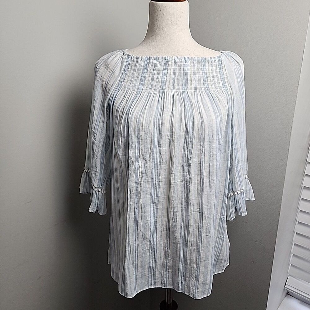 New Directions Women's Light Blue 3/4 Sleeve Blouse Size S Striped Rayon